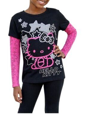 Hello Kitty Girls Size XS Top Graphic Design Long Sleeve Black Pink Star Print